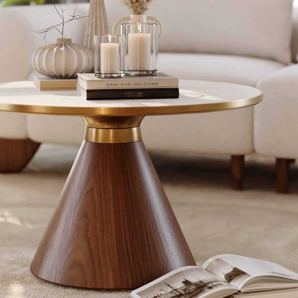 Mesa de café redonda com tampo de pedra sinterizada de nogueira e travertino de 700 mm Imagem da janela