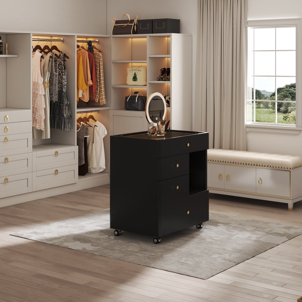 Saddle Leather Walk-In Closet Island Jewelry Dresser with Glass Top window image