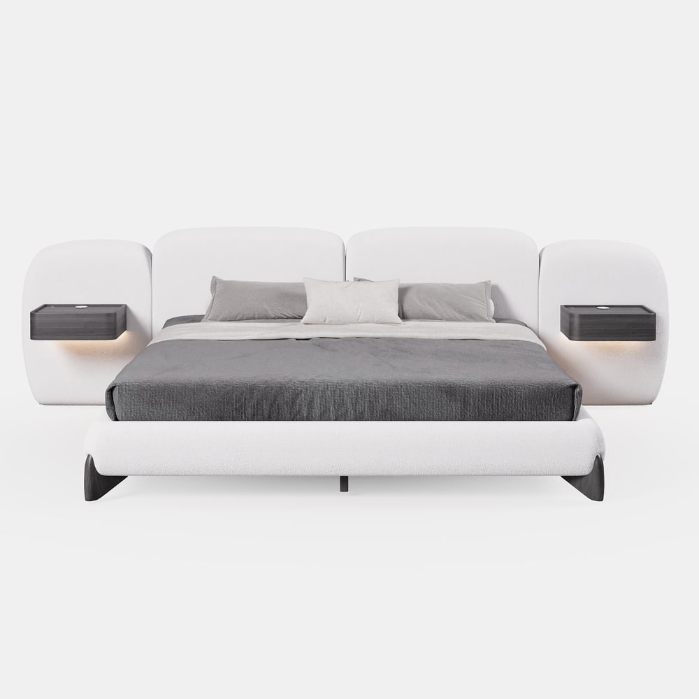 Curva King Size Boucle Bed with Headboard & Floating Smart Nightstand	Set window image