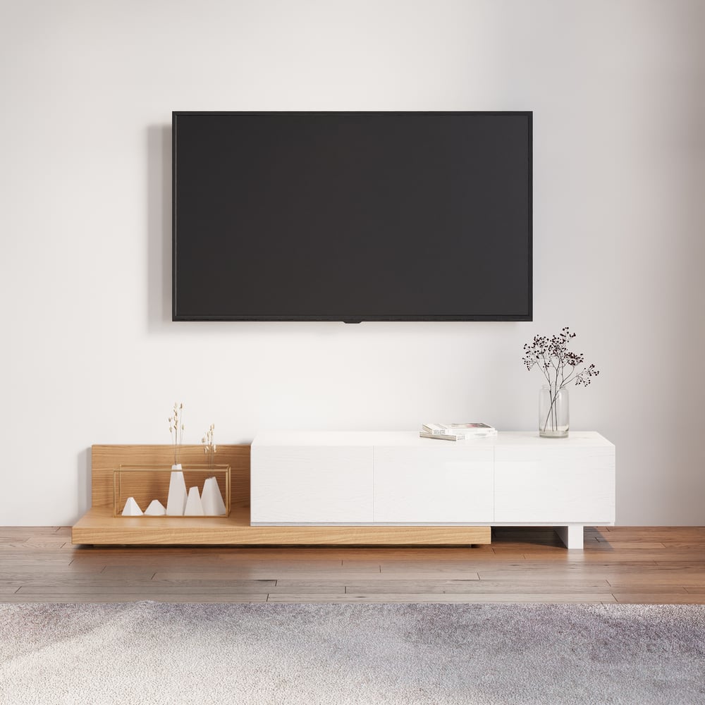 Extendable Floor Natural & White TV Stand with 3 Drawers(47"-100") window image