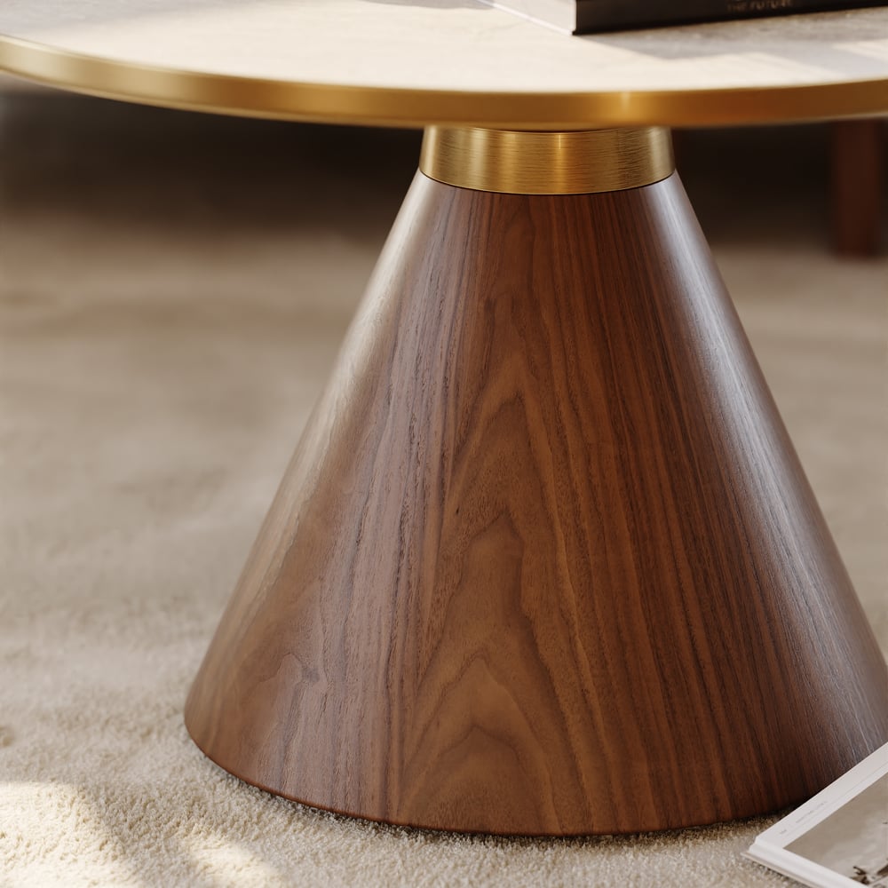 Mesa de café redonda com tampo de pedra sinterizada de nogueira e travertino de 700 mm Imagem da janela