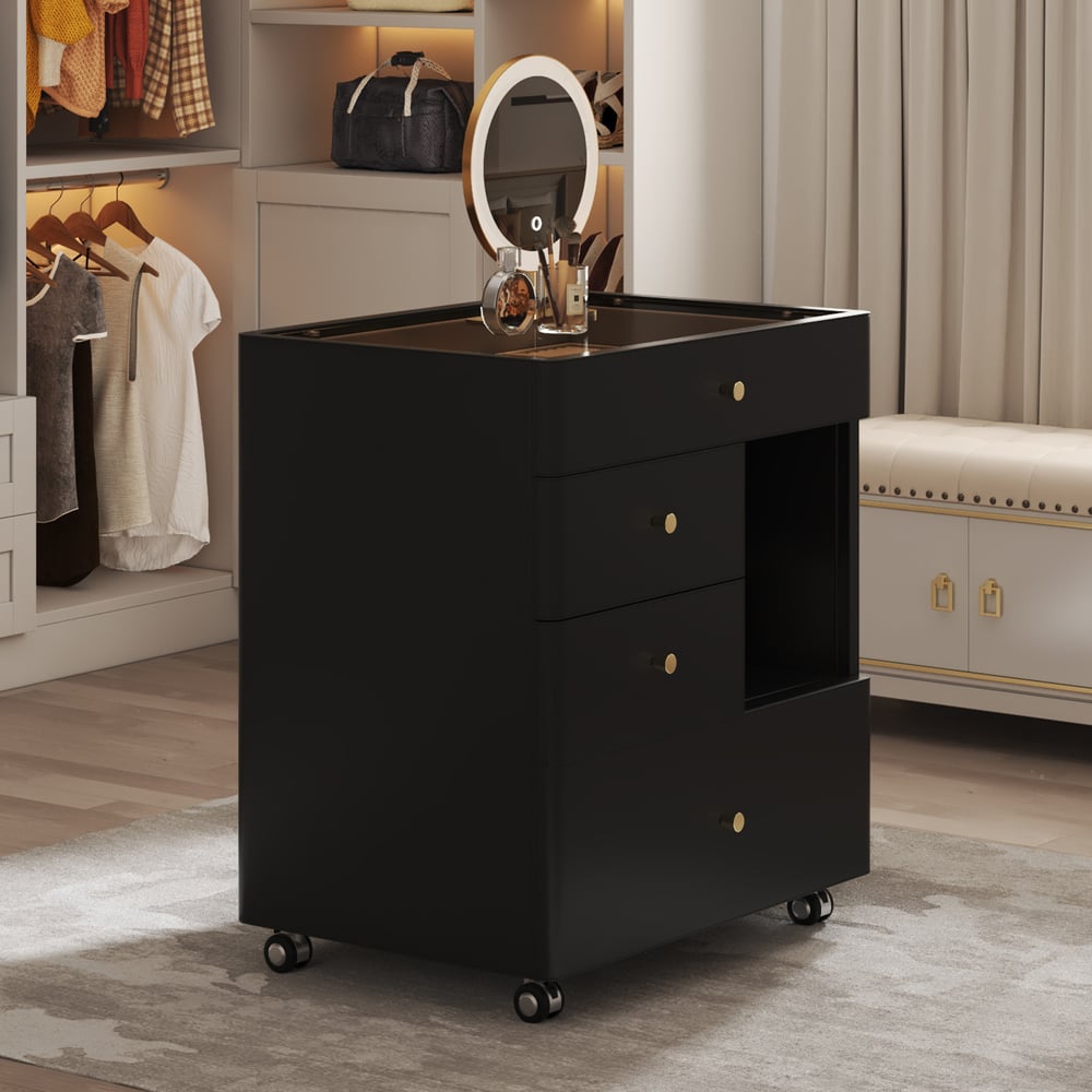 Saddle Leather Walk-In Closet Island Jewelry Dresser with Glass Top window image