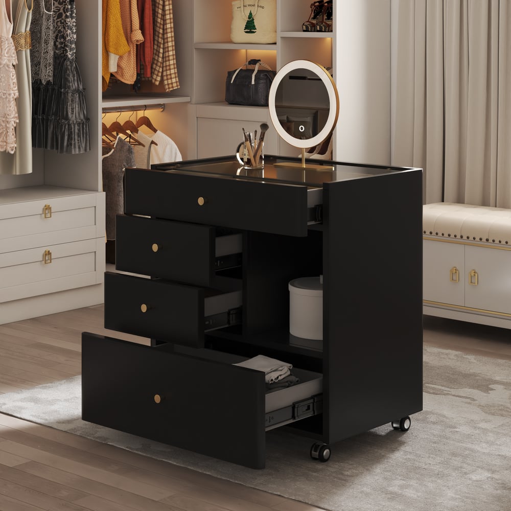 Saddle Leather Walk-In Closet Island Jewelry Dresser with Glass Top window image
