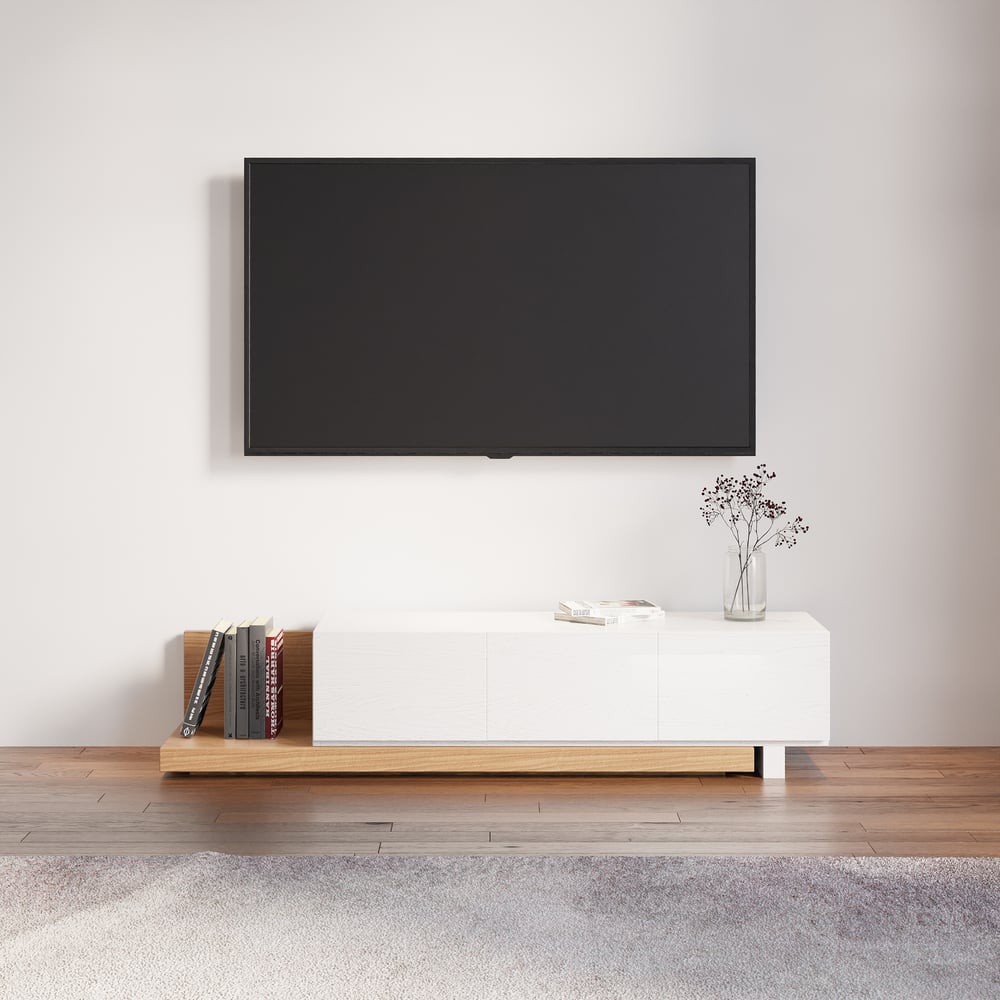 Extendable Floor Natural & White TV Stand with 3 Drawers(47"-100") window image