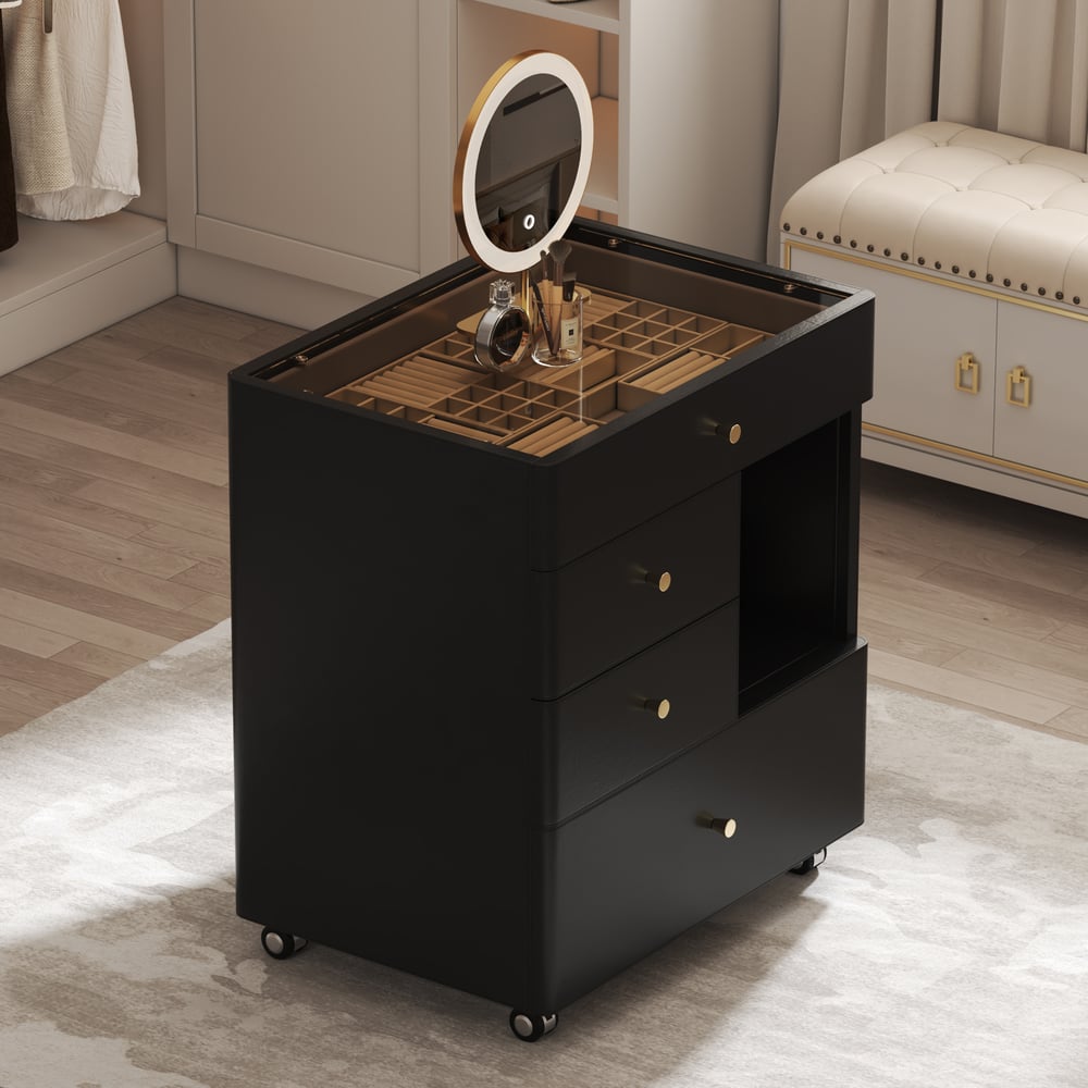 Saddle Leather Walk-In Closet Island Jewelry Dresser with Glass Top window image