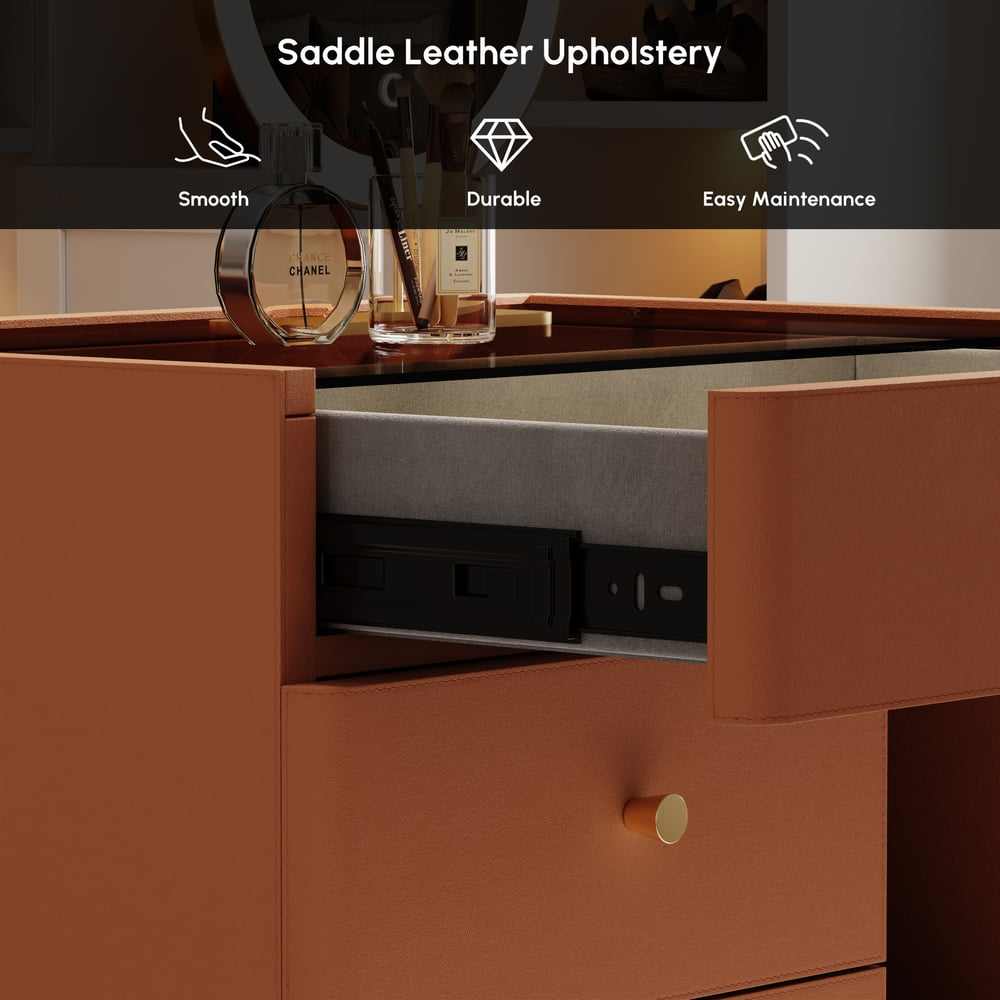 Saddle Leather Walk-In Closet Island Jewelry Dresser with Glass Top window image