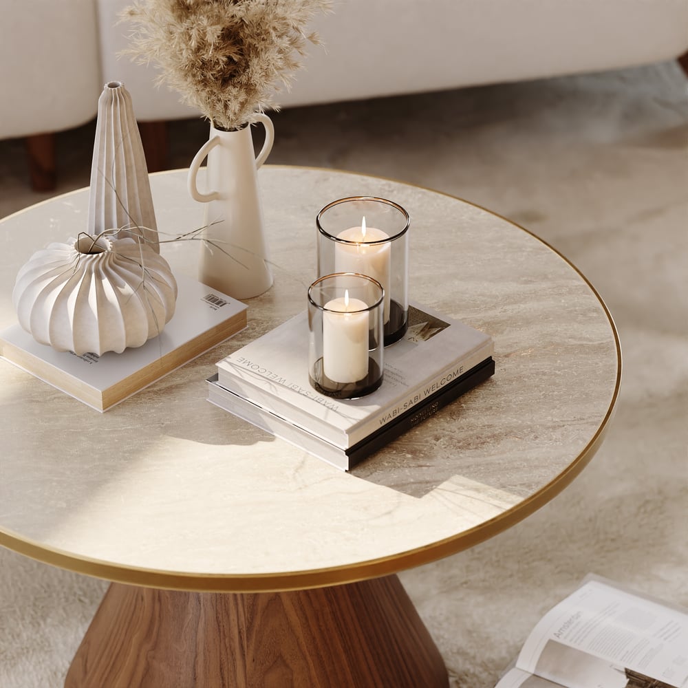 Mesa de café redonda com tampo de pedra sinterizada de nogueira e travertino de 700 mm Imagem da janela