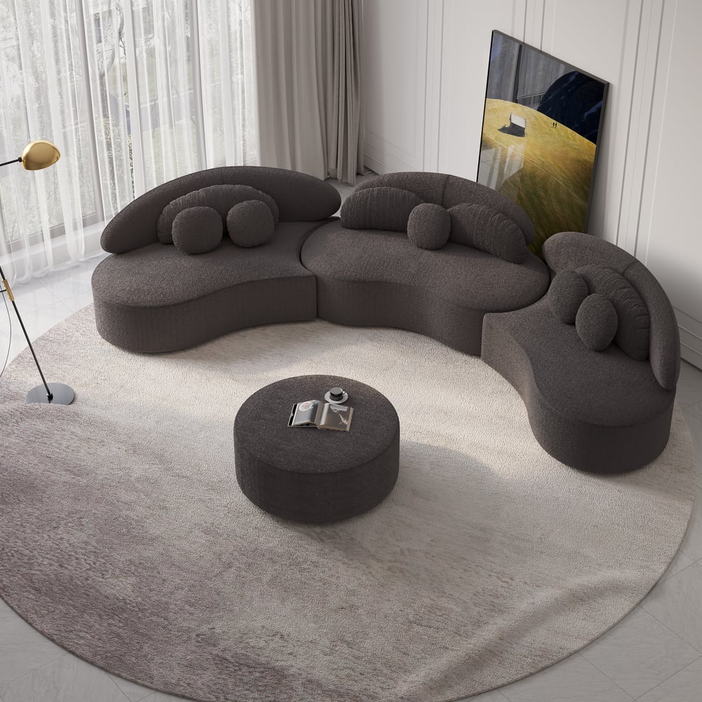 4-Piece Curved Boucle Sectional Sofa with Ottoman & Pillows window image