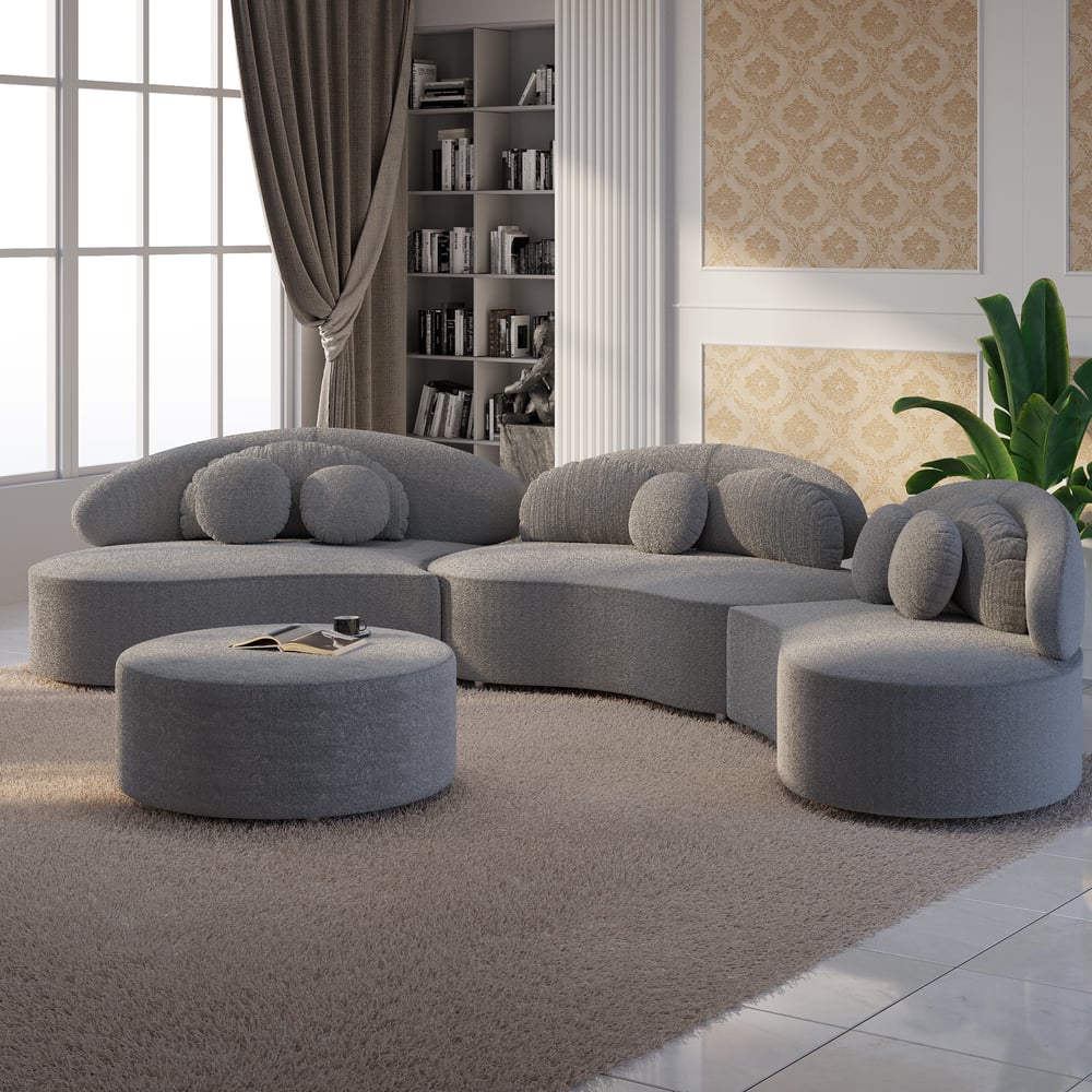 4-Piece Curved Boucle Sectional Sofa with Ottoman & Pillows window image