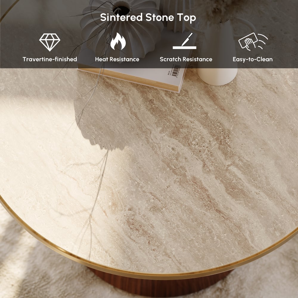 Mesa de café redonda com tampo de pedra sinterizada de nogueira e travertino de 700 mm Imagem da janela