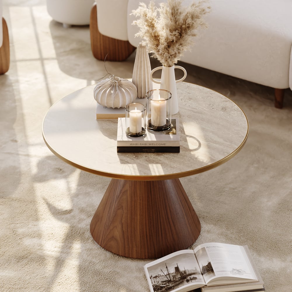 Mesa de café redonda com tampo de pedra sinterizada de nogueira e travertino de 700 mm Imagem da janela