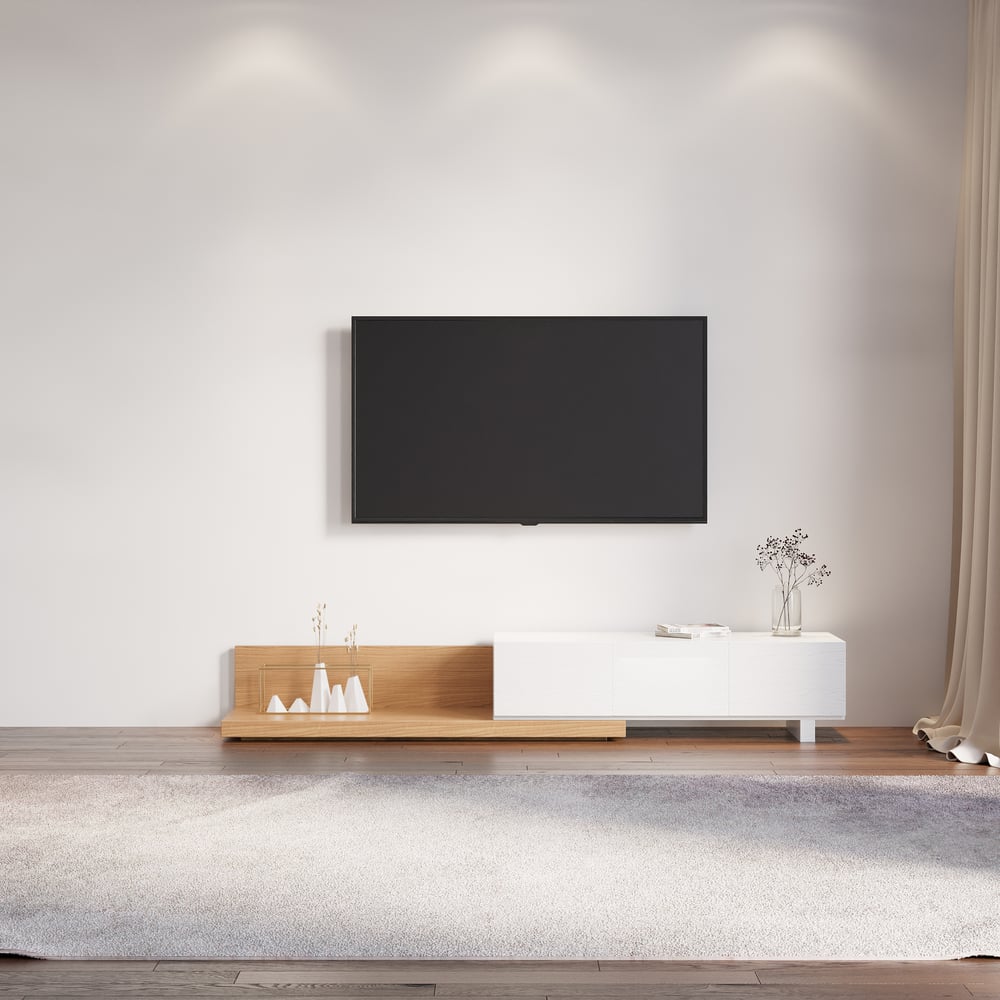 Extendable Floor Natural & White TV Stand with 3 Drawers(47"-100") window image