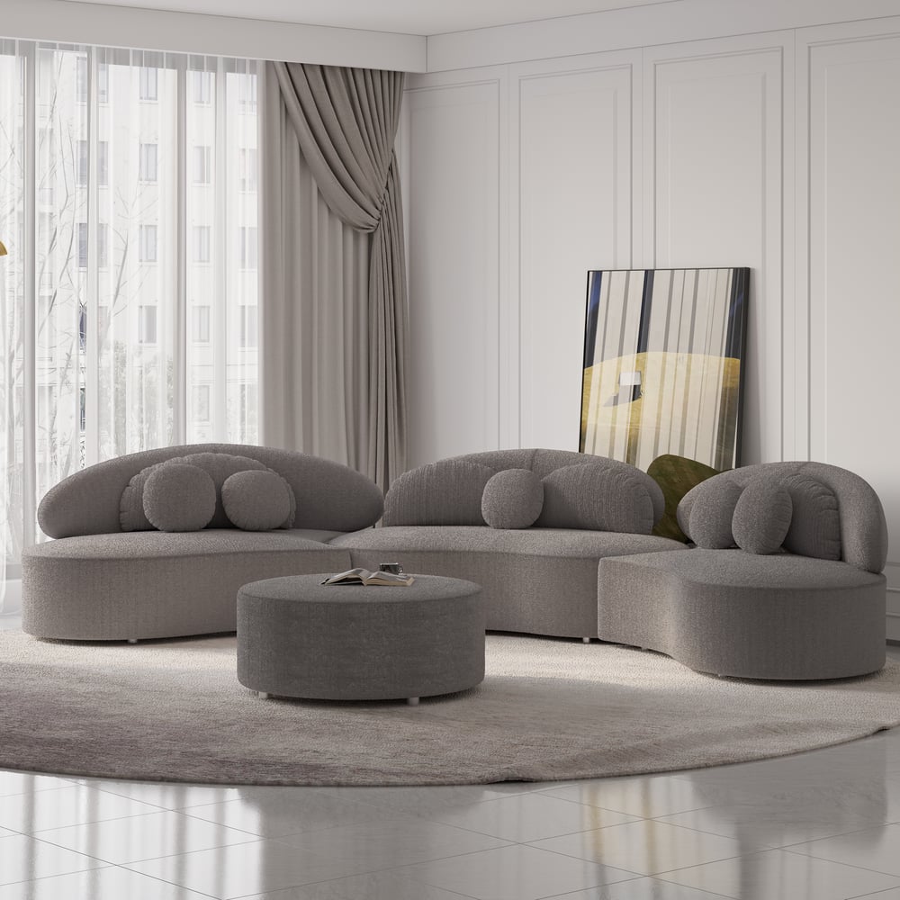 4-Piece Curved Boucle Sectional Sofa with Ottoman & Pillows window image