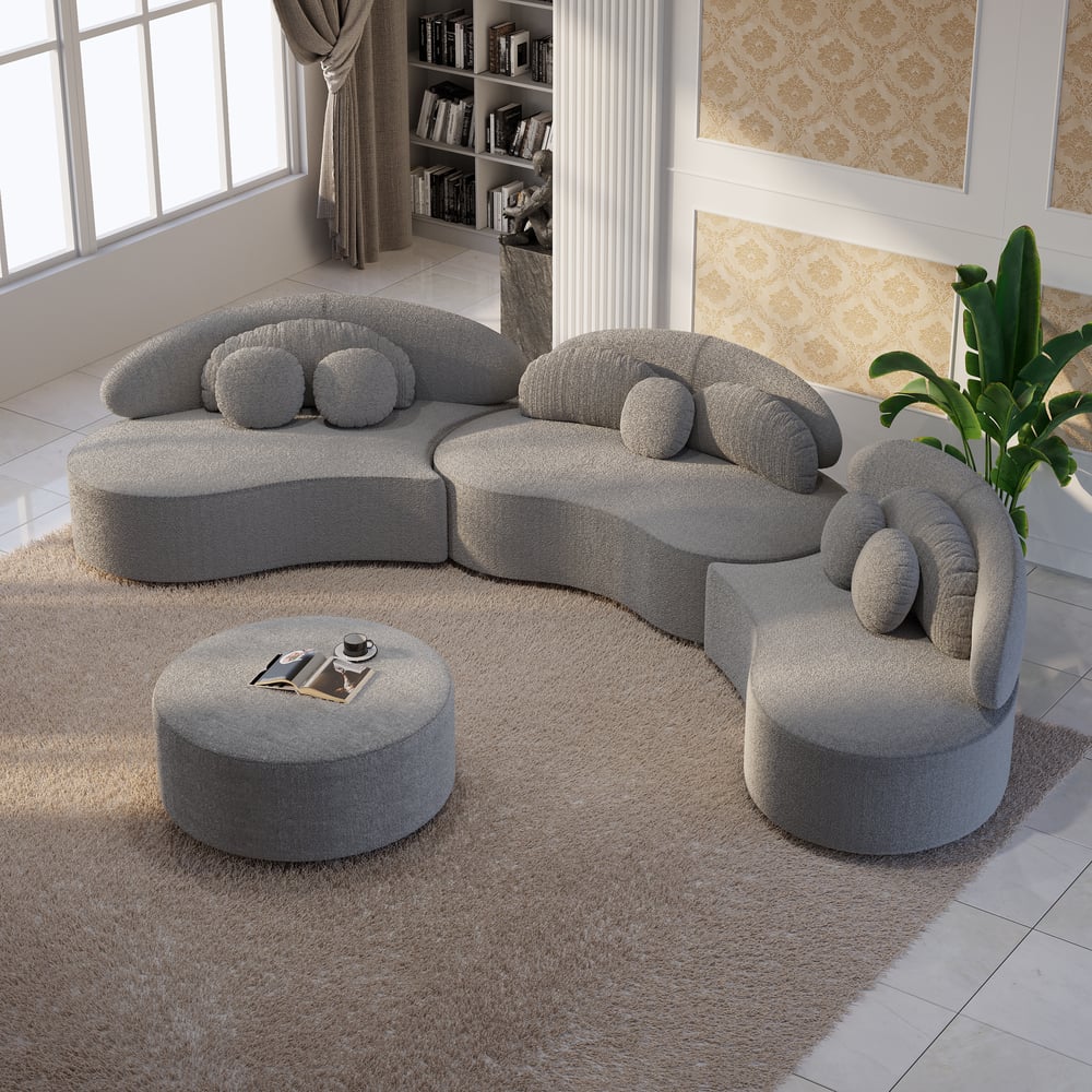 4-Piece Curved Boucle Sectional Sofa with Ottoman & Pillows window image