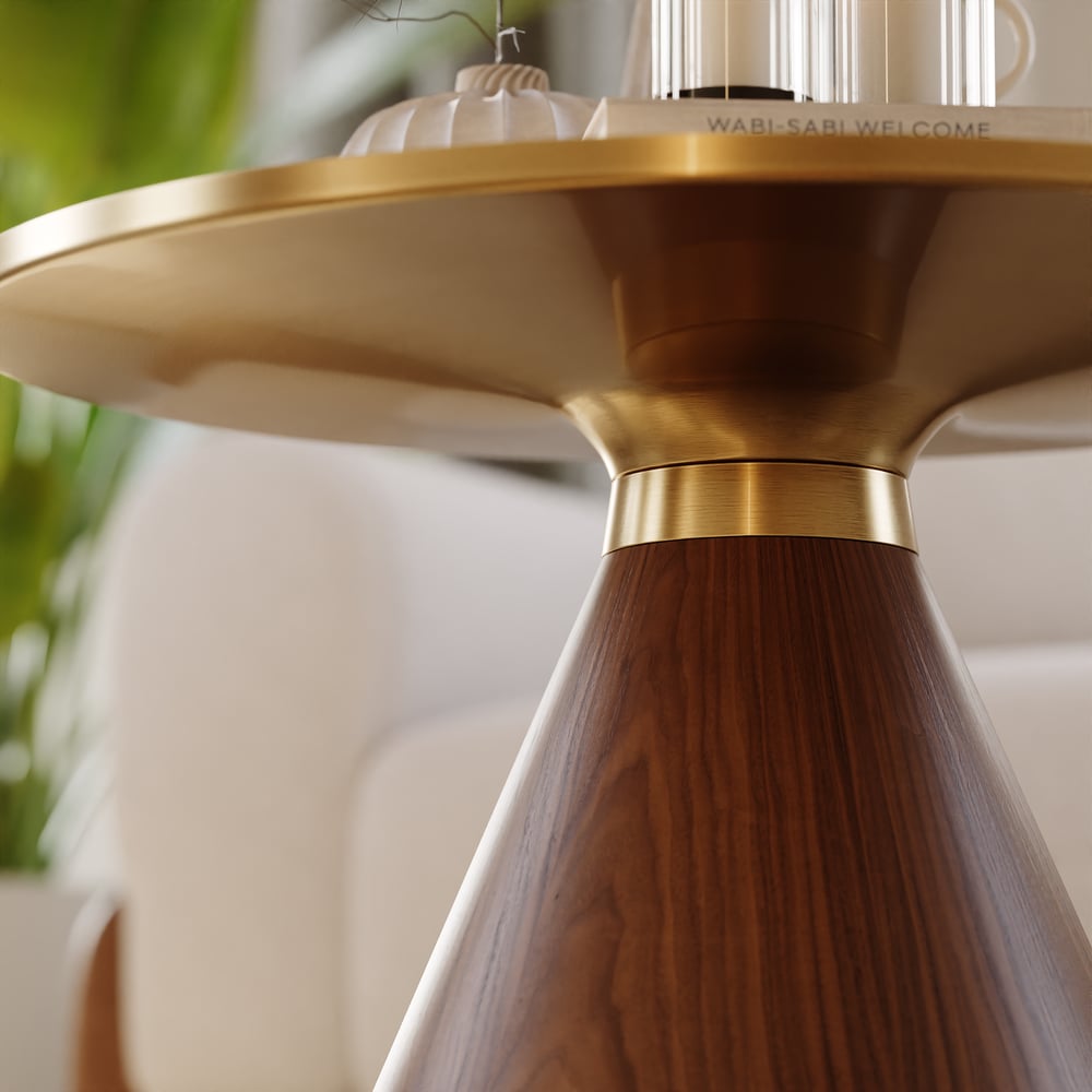 Mesa de café redonda com tampo de pedra sinterizada de nogueira e travertino de 700 mm Imagem da janela