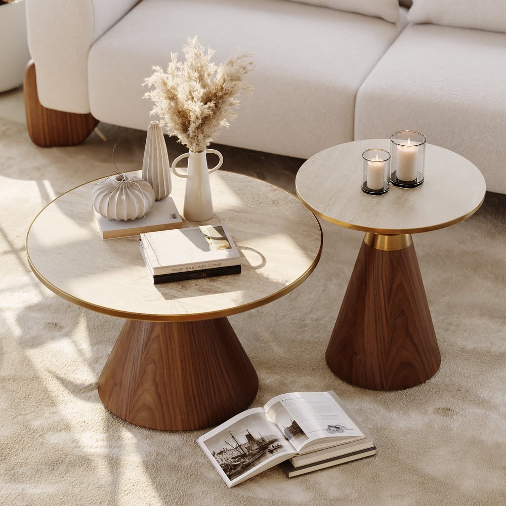 Mesa de café redonda com tampo de pedra sinterizada de nogueira e travertino de 700 mm Imagem da janela