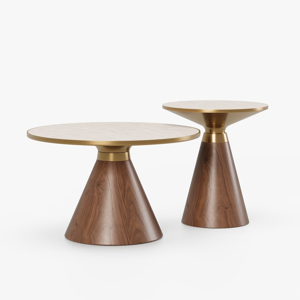 Ensemble de 2 tables basses rondes en travertin de noyer avec dessus en pierre frittée (200 mm à 700 mm) image de fenêtre