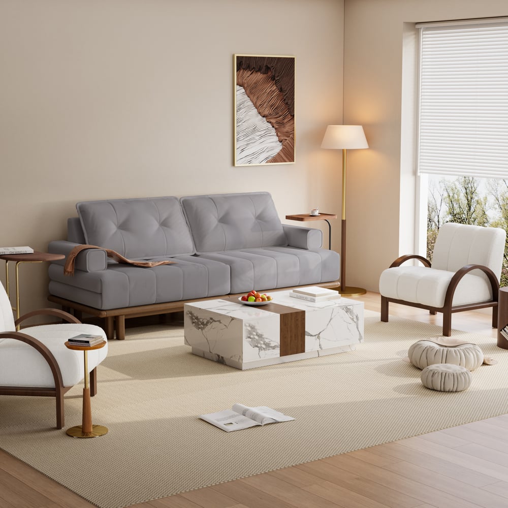 Queen 3-Seater Performance Leather Convertible Futon Bed with Side Table window image