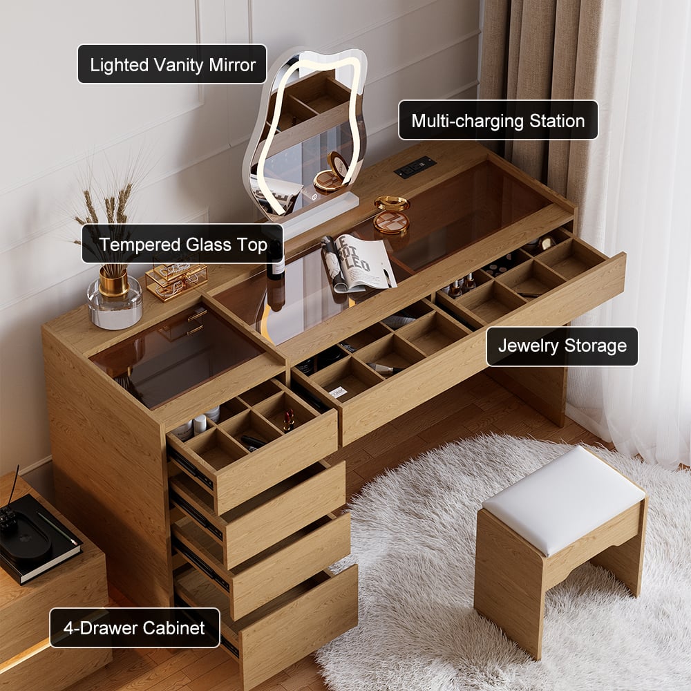 Ensemble de maquillage moderne avec miroir éclairé, station de recharge et rangement pour bijoux image de fenêtre