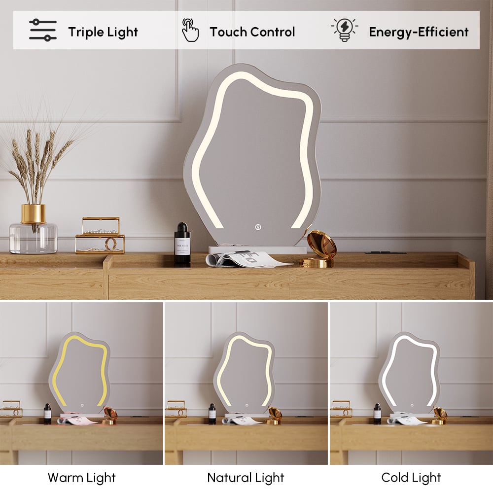 Ensemble de maquillage moderne avec miroir éclairé, station de recharge et rangement pour bijoux image de fenêtre