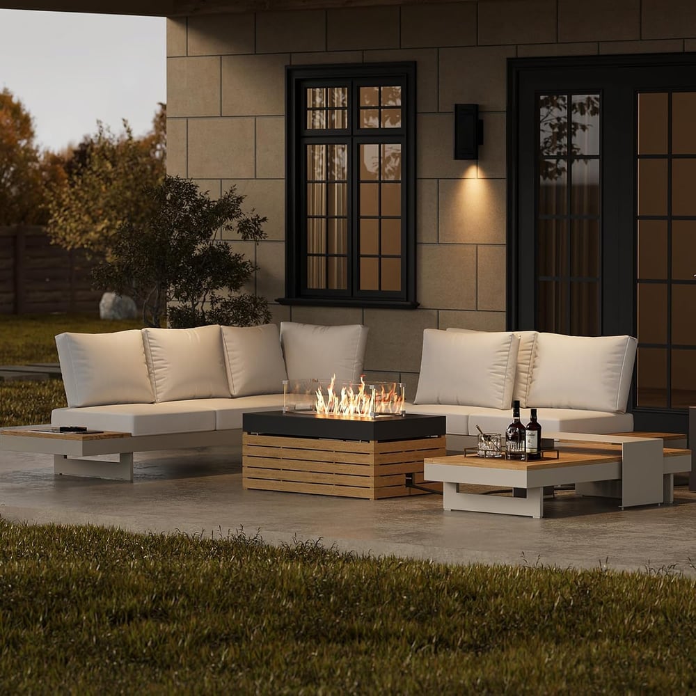 5-Pieces Modular Teak Outdoor Sofa Set with Smokeless Fire Pit 6 Person in Light Khaki window image