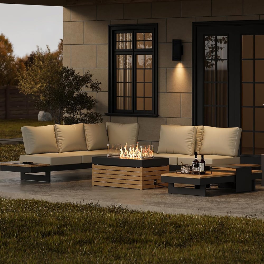 5-Pieces Modular Teak Outdoor Sofa Set with Smokeless Fire Pit for 6 Person in Beige window image