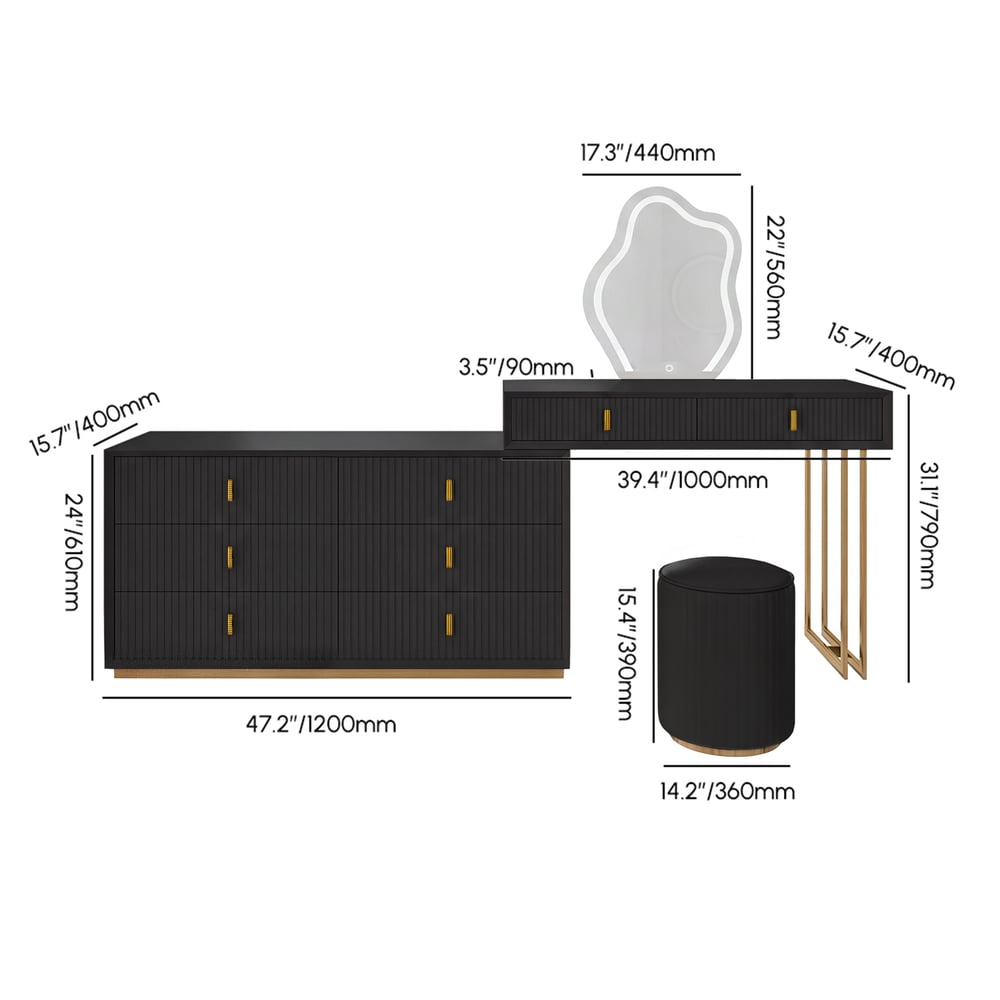 Ensemble de maquillage noir moderne avec armoire à 6 tiroirs, coiffeuse avec tabouret et miroir Poids, dimensions, image