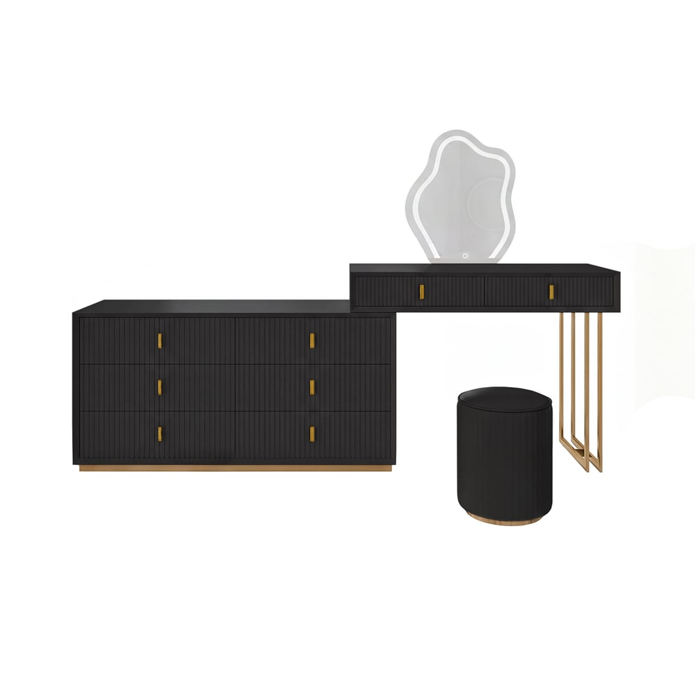 Ensemble de maquillage noir moderne avec armoire à 6 tiroirs, coiffeuse avec tabouret et miroir image de fenêtre