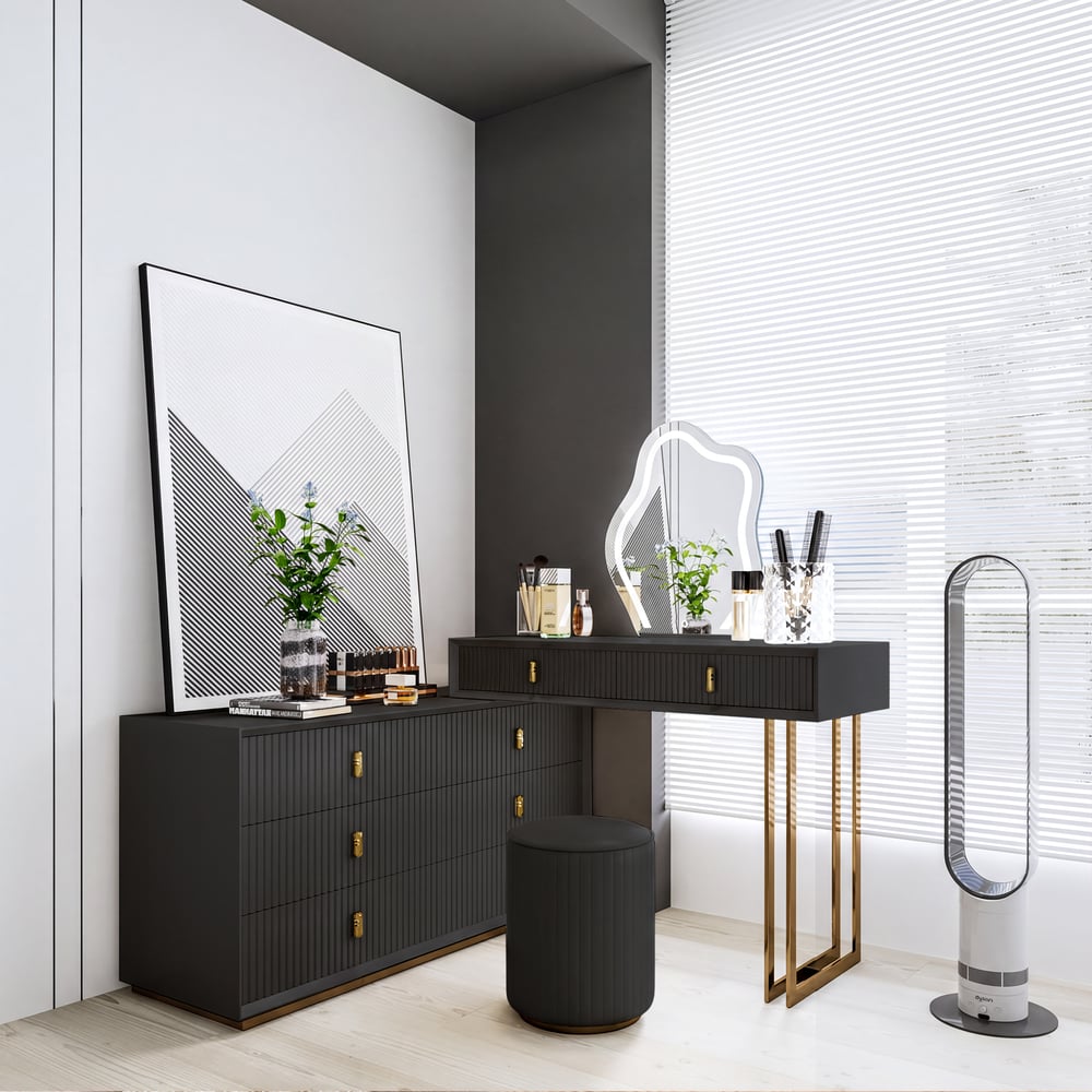 Ensemble de maquillage noir moderne avec armoire à 6 tiroirs, coiffeuse avec tabouret et miroir image de fenêtre