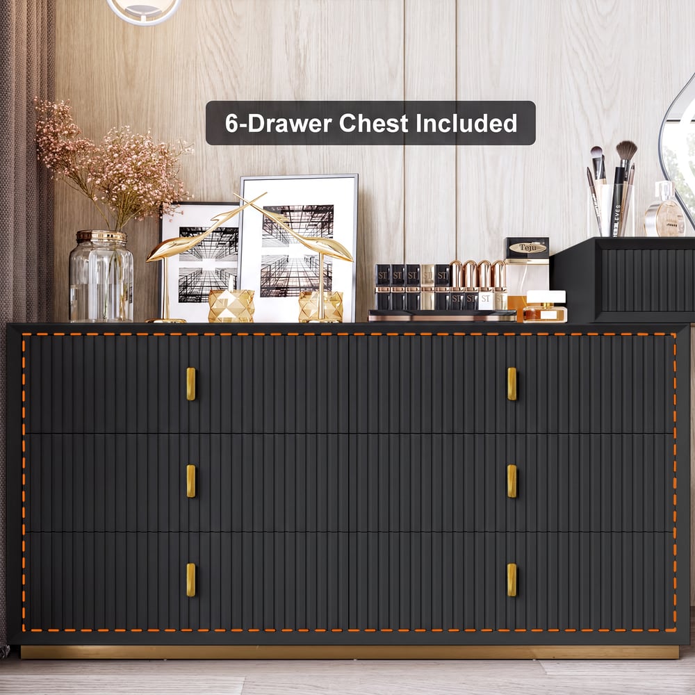 Ensemble de maquillage noir moderne avec armoire à 6 tiroirs, coiffeuse avec tabouret et miroir image de fenêtre