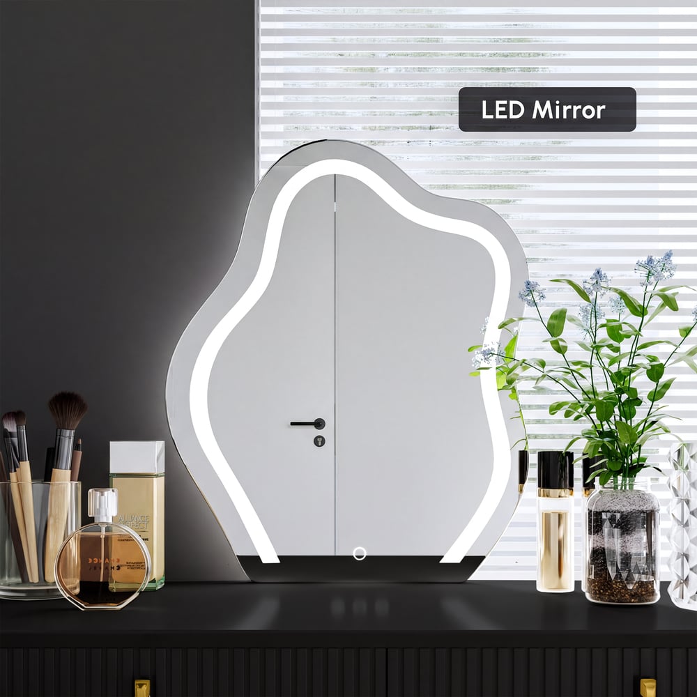 Ensemble de maquillage noir moderne avec armoire à 6 tiroirs, coiffeuse avec tabouret et miroir image de fenêtre