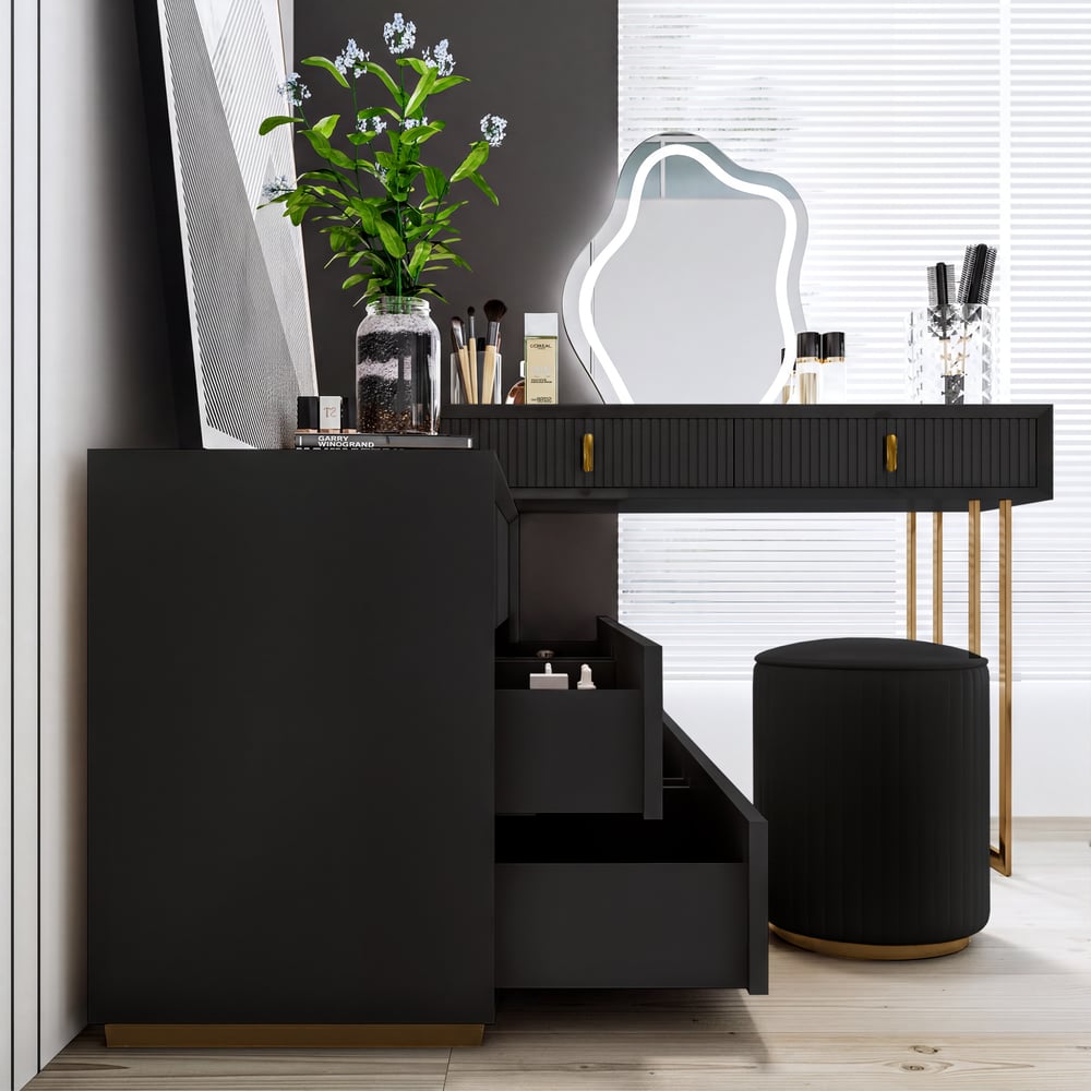 Ensemble de maquillage noir moderne avec armoire à 6 tiroirs, coiffeuse avec tabouret et miroir image de fenêtre
