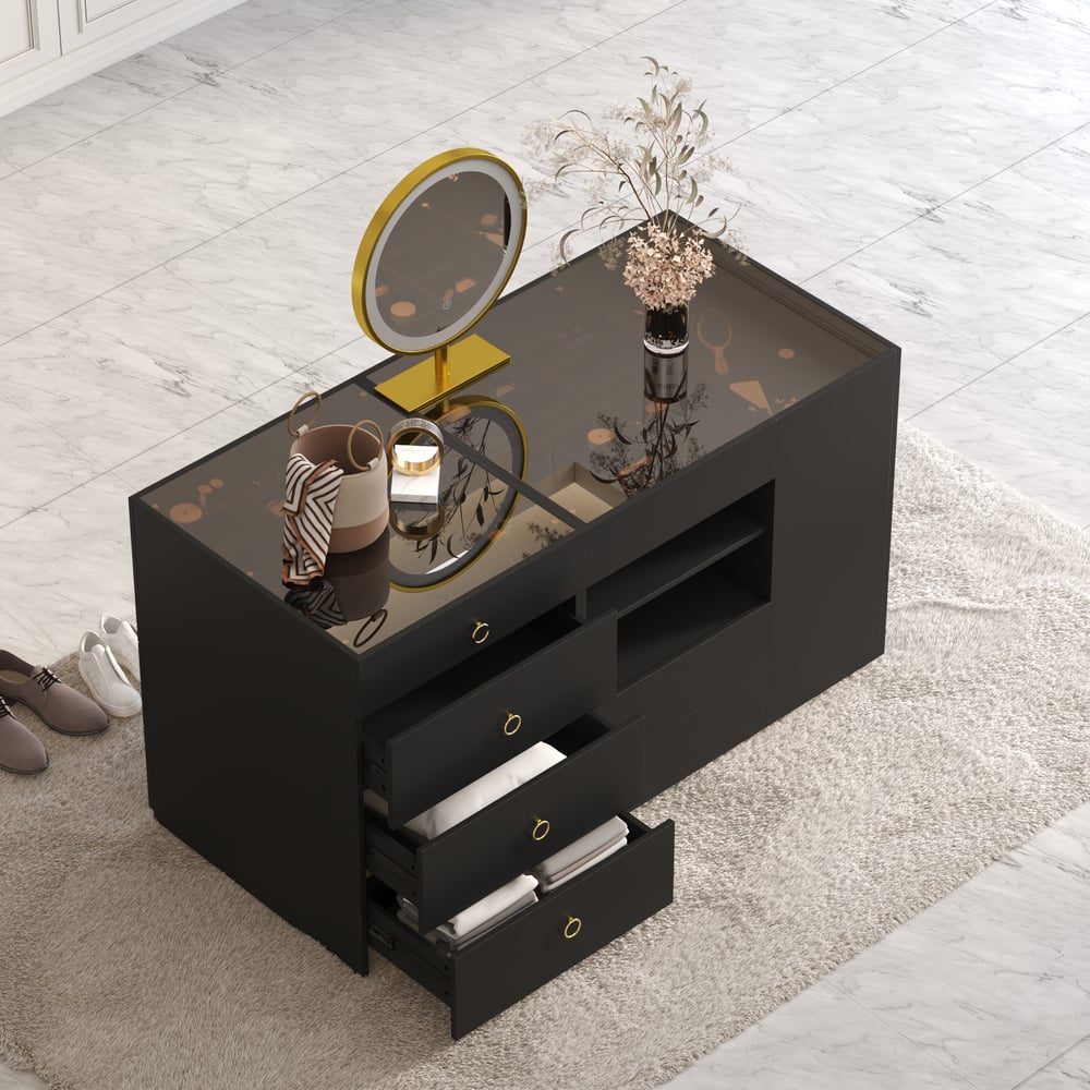 1500mm Vanity Dresser Glass Top Walk in Closet Island with Storage & Stool window image