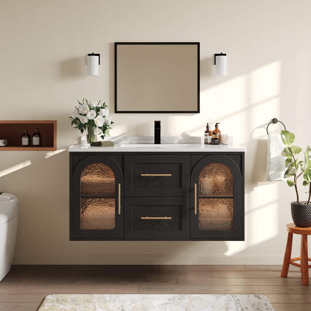 1070mm Arune Black Bathroom Vanity with Arched Glass Doors, Drawers and Light window image
