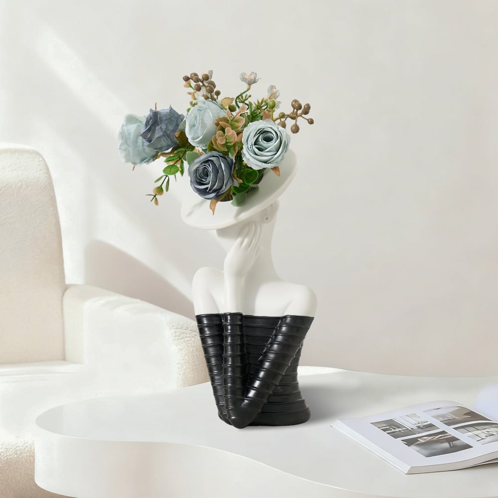 Sculptural Decorative Flower Arrangement, Resin Art Vase with 5-Head Artificial Roses window image