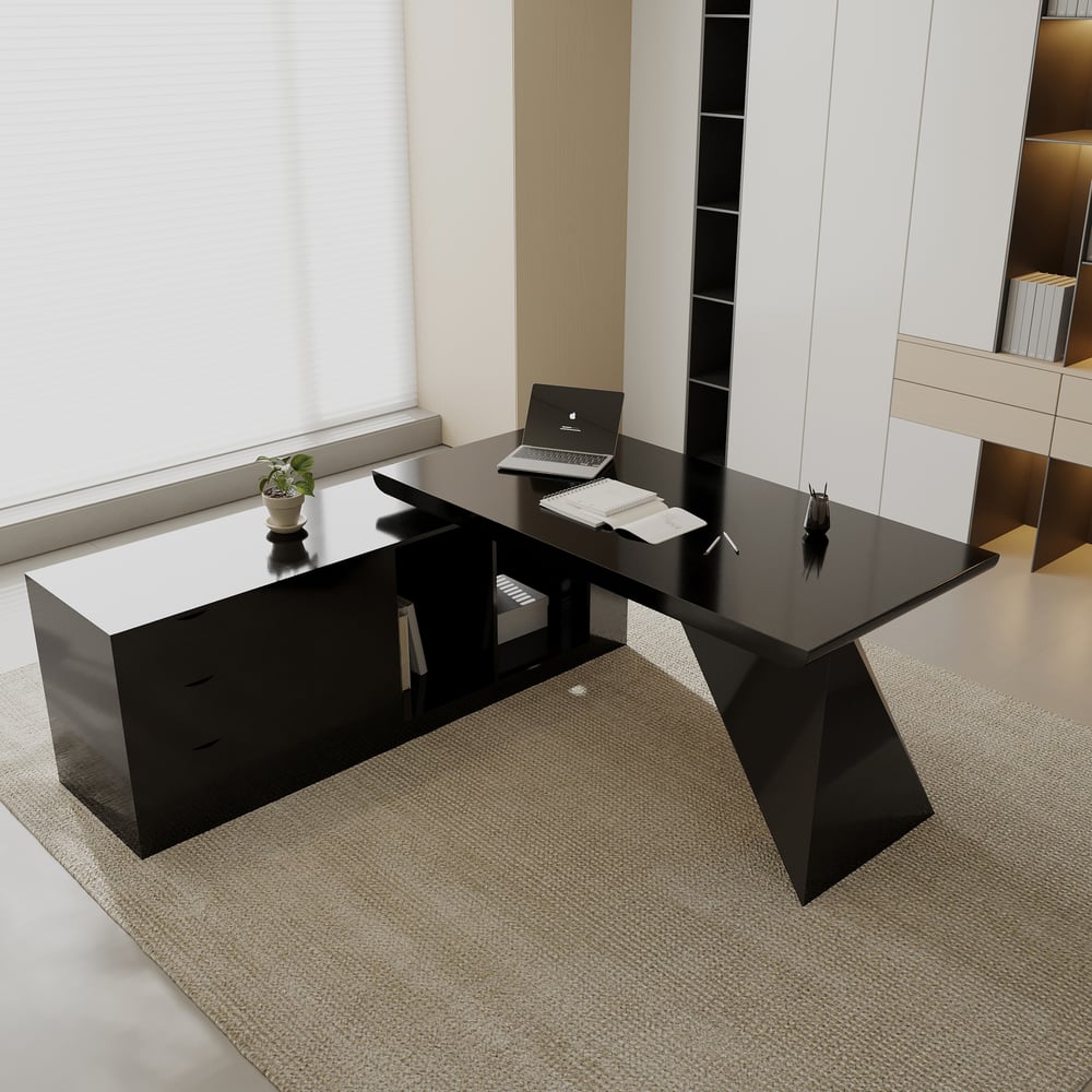 70.9"  Set Black L-Shape Executive Desk Left Hand Reclining Leather Office Desk Chair   window image