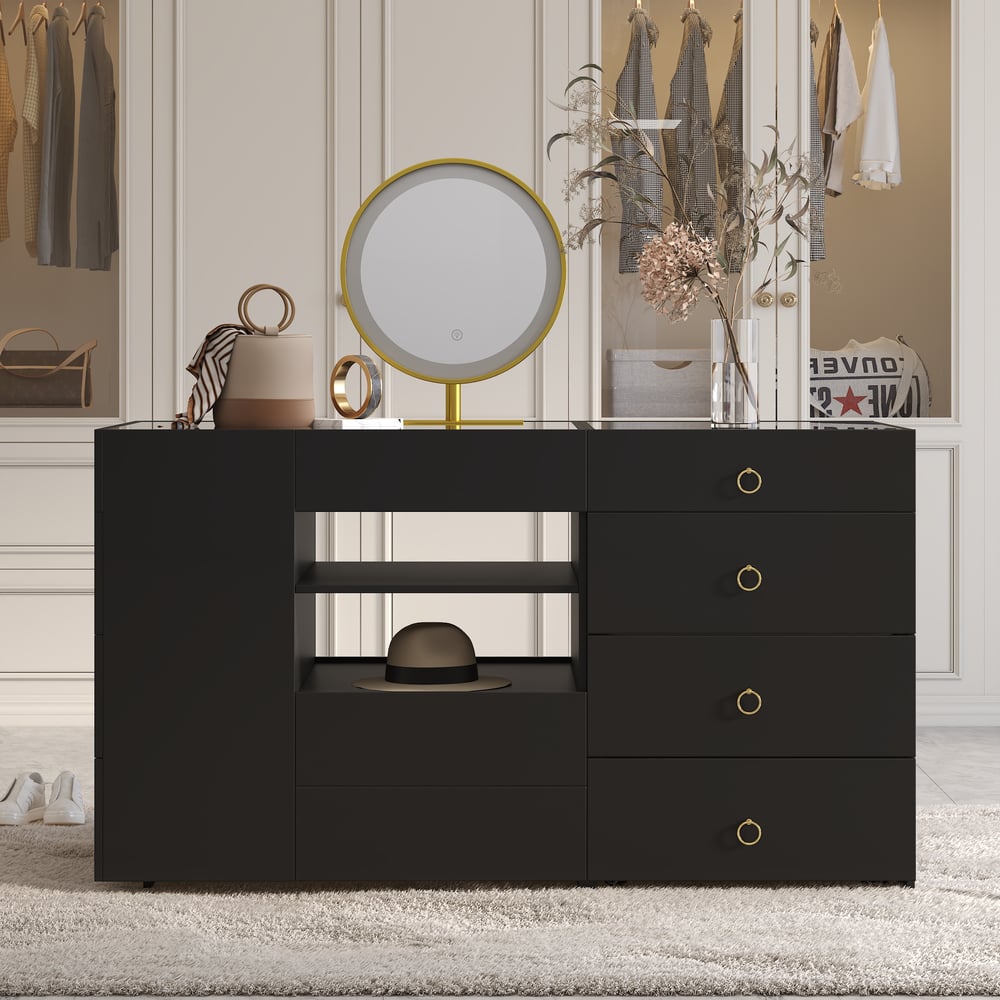 1500mm Vanity Dresser Glass Top Walk in Closet Island with Storage & Stool window image