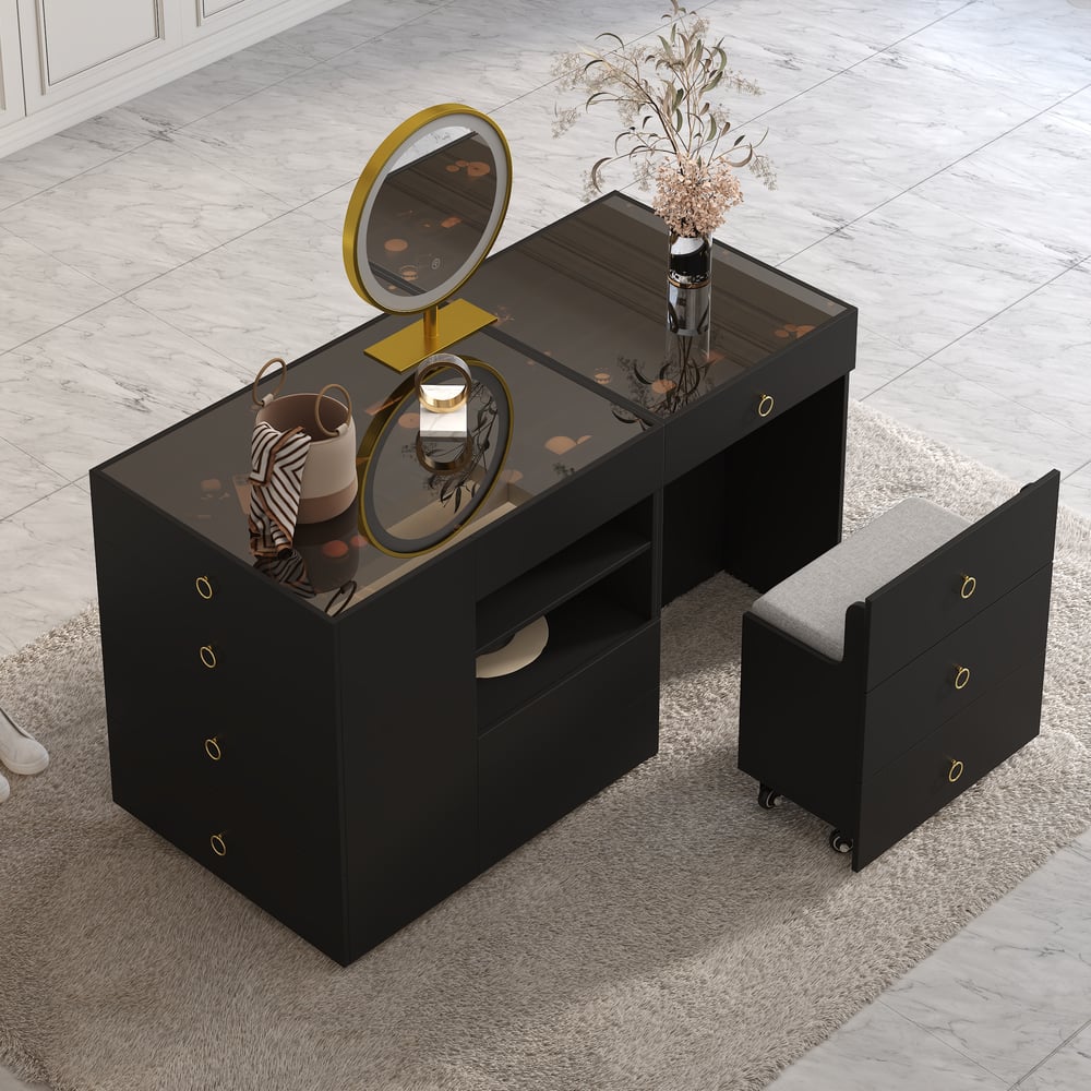 1500mm Vanity Dresser Glass Top Walk in Closet Island with Storage & Stool window image