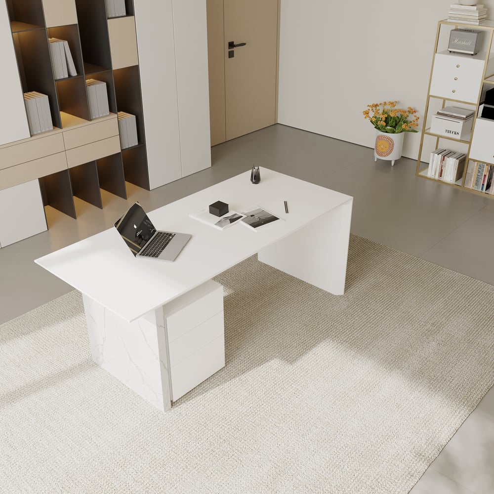 70.9" Modern Wooden White Home Office Desk & Off White Home Office Chair Set High Back window image