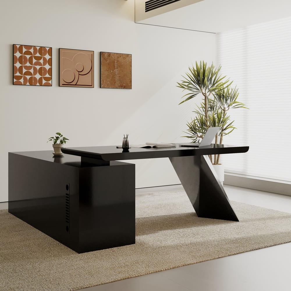 Set Black L-Shape Executive Desk Right Hand Reclining Leather Office Desk Chair (1800m) window image