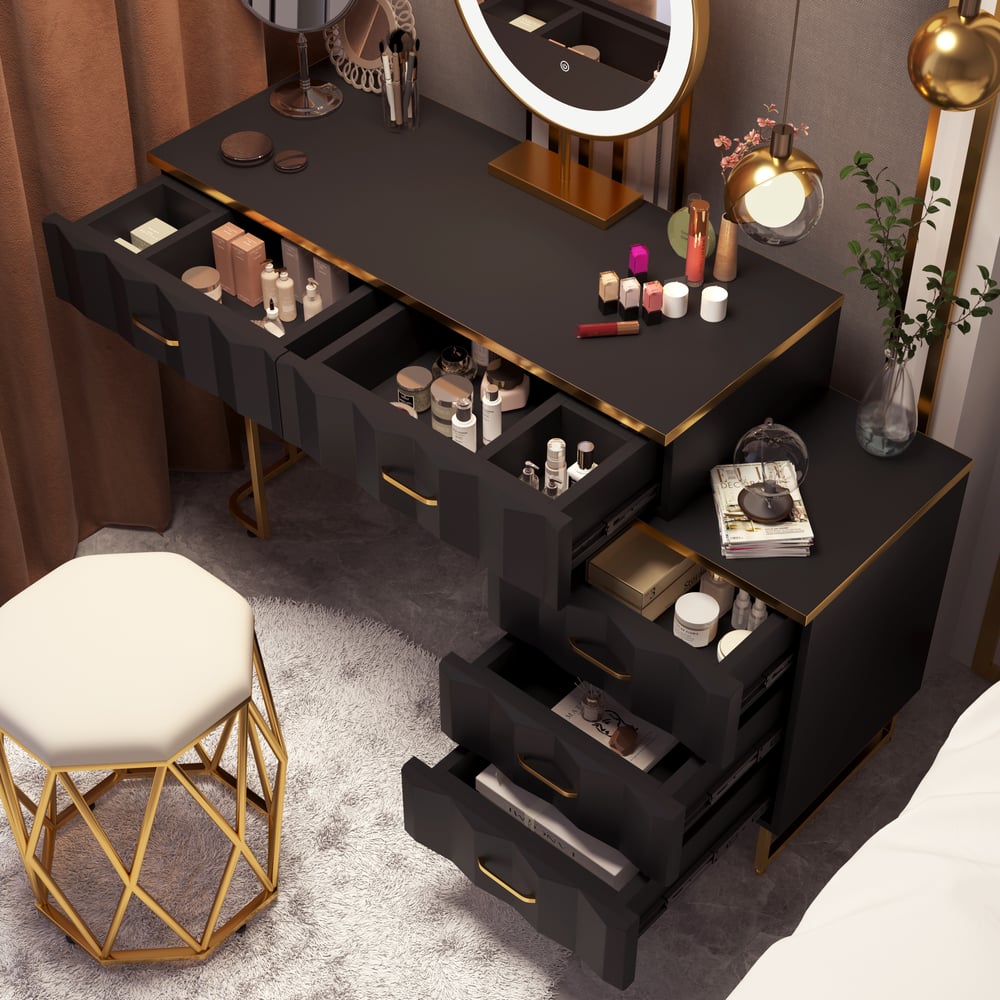 Conjunto de penteadeira de maquiagem extensível preta moderna de 5 gavetas com banquinho e espelho Imagem da janela