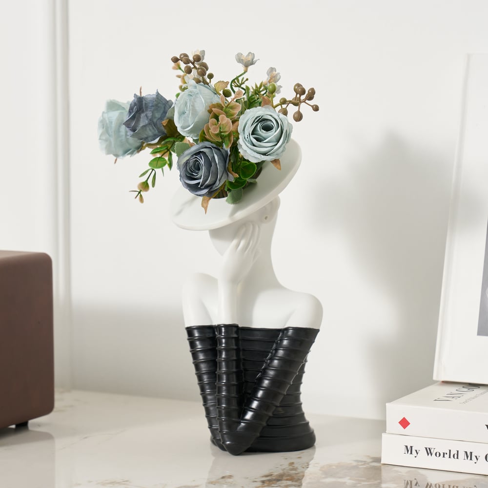 Sculptural Decorative Flower Arrangement, Resin Art Vase with 5-Head Artificial Roses window image