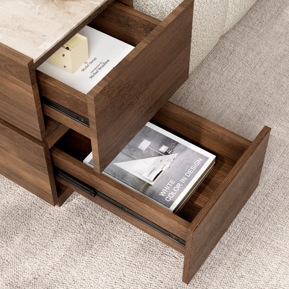 Smalle slimme bijzettafel van travertijnsteen met opbergruimte Vensterafbeelding