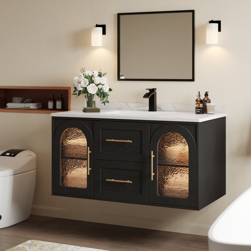 1070mm Arune Black Bathroom Vanity with Arched Glass Doors, Drawers and Light window image