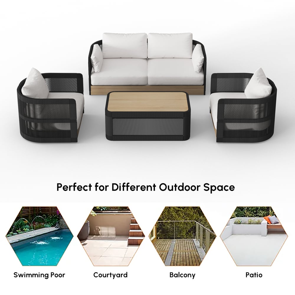 4-Pieces Modern Aluminum & Rope Outdoor Sofa Set with Coffee Table in Black for 4 window image
