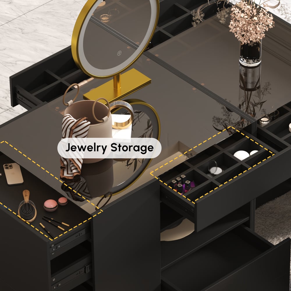 1500mm Vanity Dresser Glass Top Walk in Closet Island with Storage & Stool window image