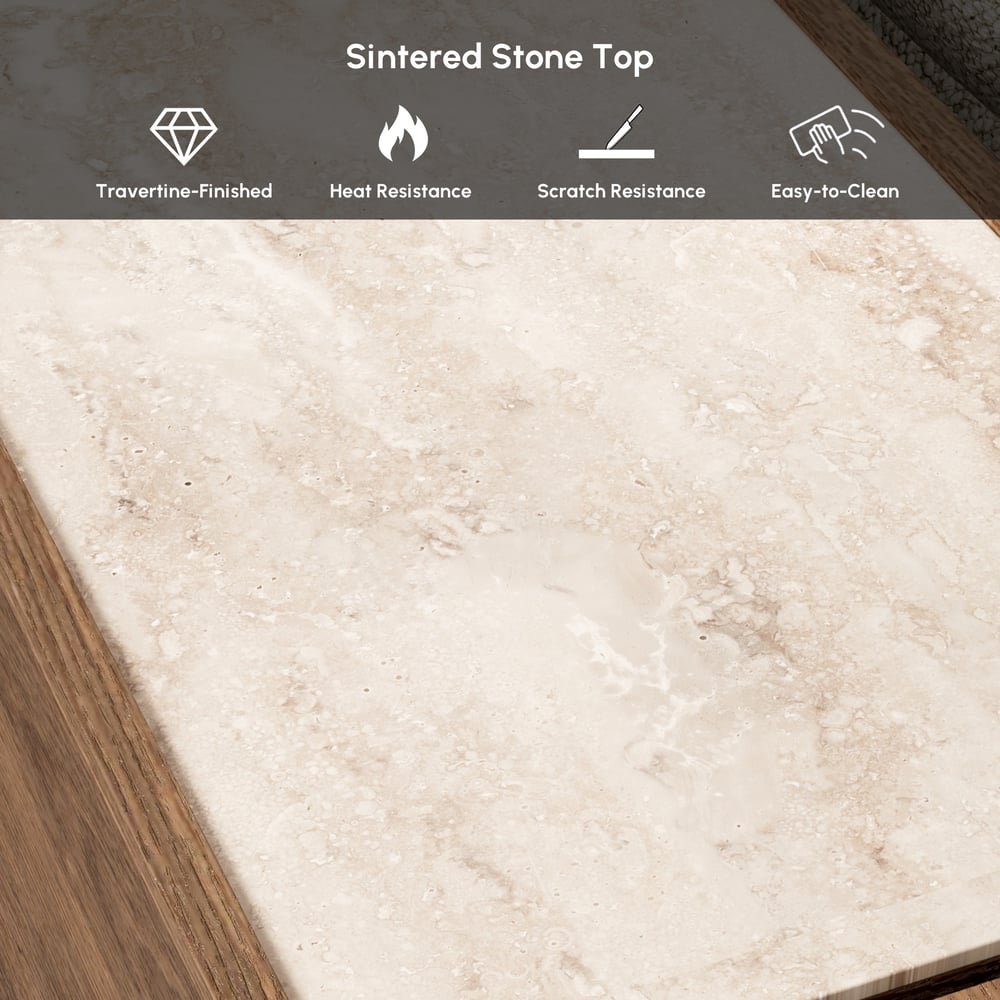 Smalle slimme bijzettafel van travertijnsteen met opbergruimte Vensterafbeelding