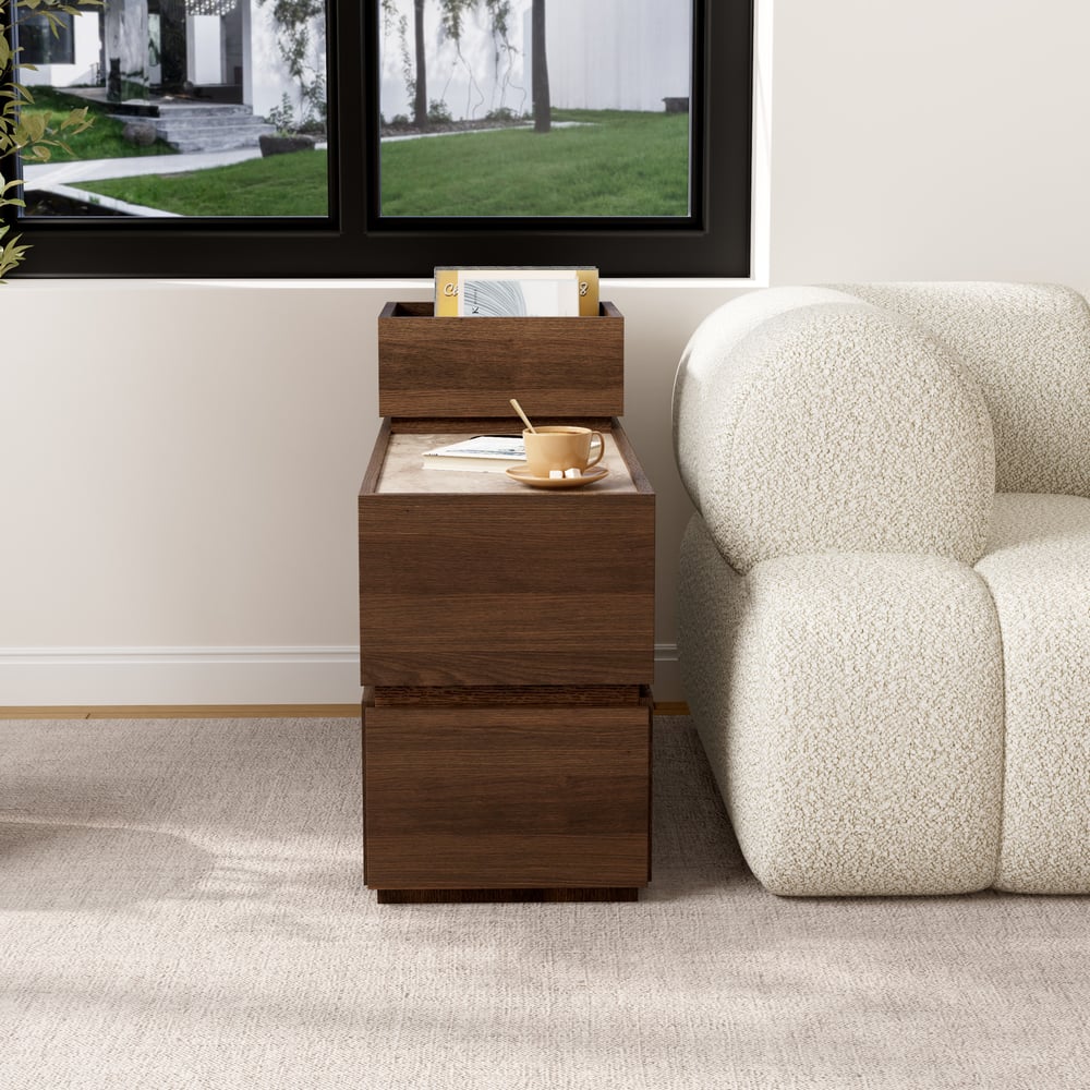 Smalle slimme bijzettafel van travertijnsteen met opbergruimte Vensterafbeelding