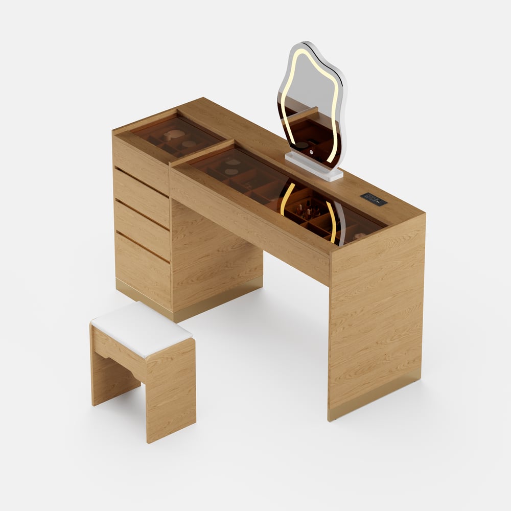 Ensemble de maquillage moderne avec miroir éclairé, station de recharge et rangement pour bijoux image de fenêtre