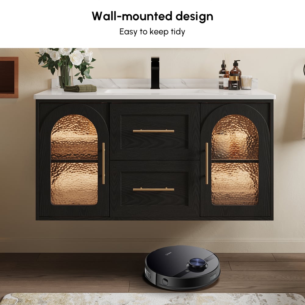 1070mm Arune Black Bathroom Vanity with Arched Glass Doors, Drawers and Light window image